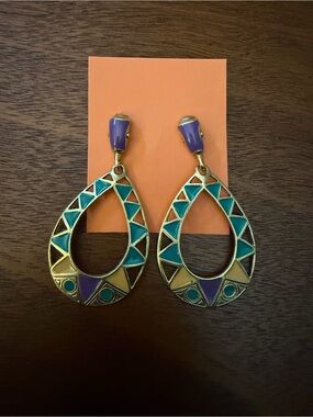 Gold-Tone Teardrop Earrings with Turquoise, Purple & Teal Inlay